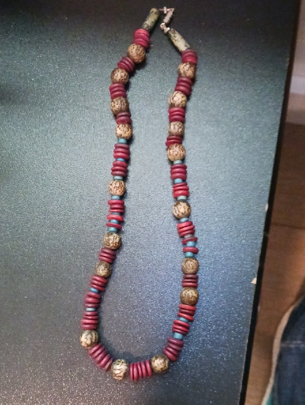 Handcrafted Red and Burgundy Beaded Necklace With Blue Accents